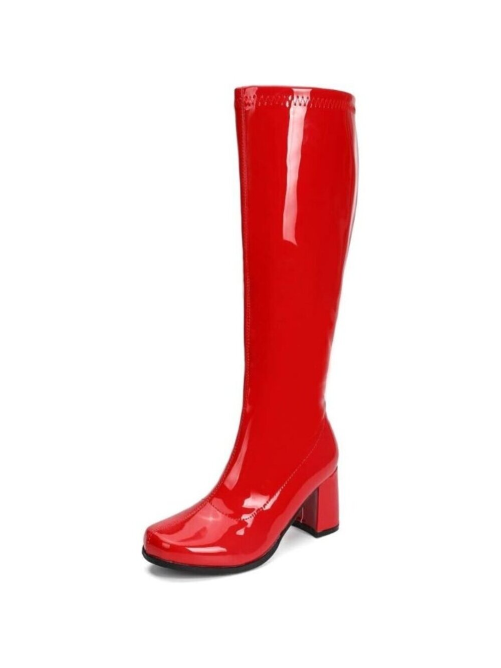 Women's Red Gogo Boots Knee High Block Heel Square Toe 60s 70s Disco Costume